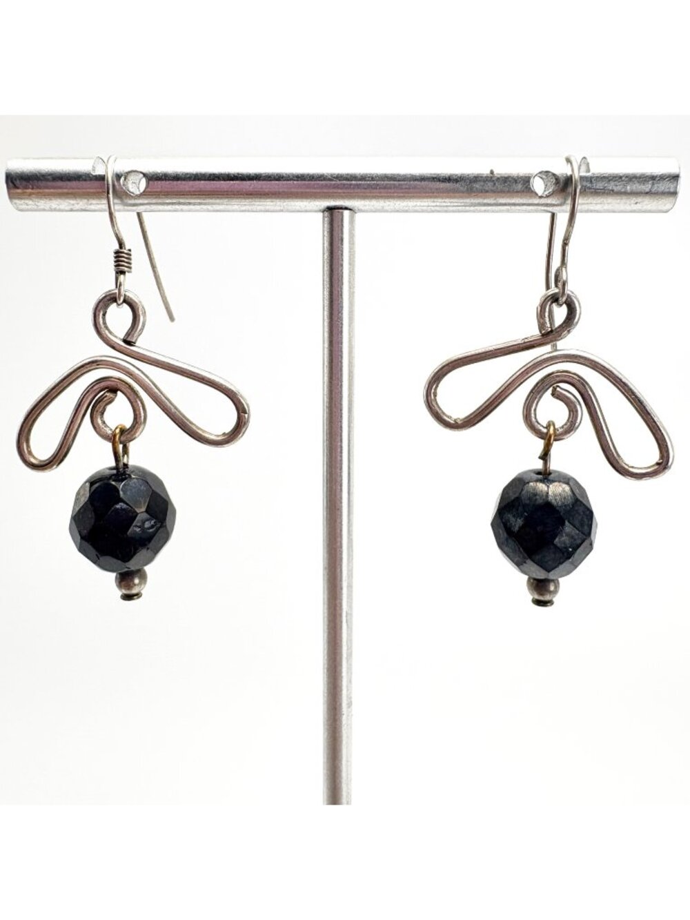 Black Bead Freeform Dangle Earrings Sterling Silver 925 Size 1.5" Length